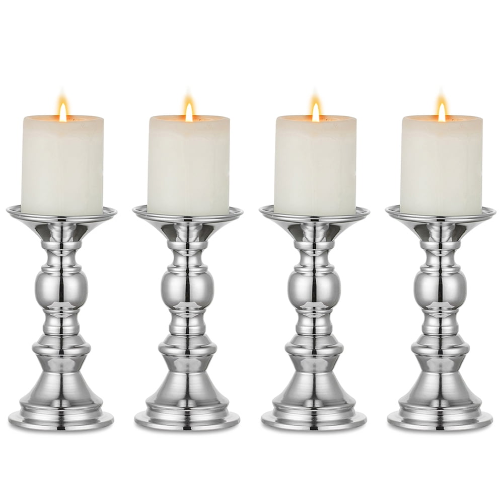Nuptio Silver Pillar Candle Holder 6" Candlestick Holders Set of 4