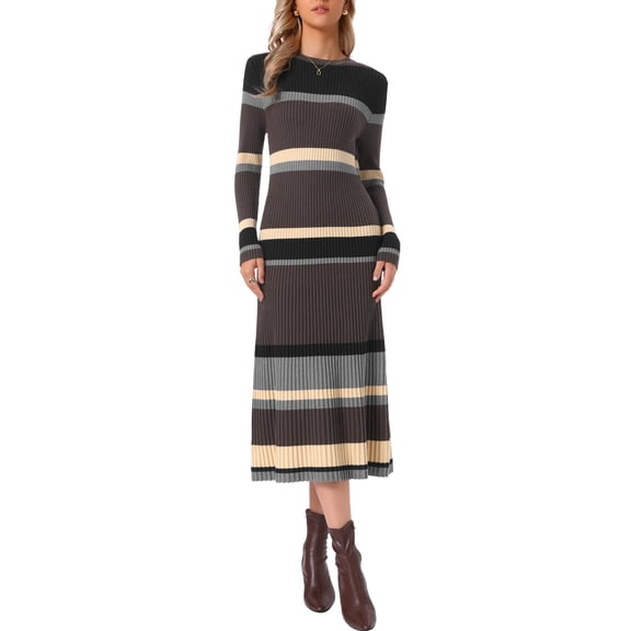 INSPIRE CHIC Ribbed Sweater Dress for Women's Long Sleeve Pullover Turtleneck Casual Knit Striped Bodycon Midi Dress XS Coffee