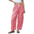 thumbnail image 2 of Womens Linen Pants Casual Loose Flowy Wide Leg Palazzo Harem Pants Drawstring Elastic Waist Lounge Trousers with Pockets Red M, 2 of 5