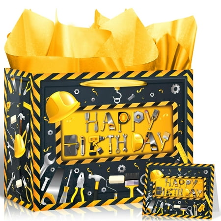 Birthday Gift PriNst Bag for Boys Men Kids Themed Gift Bag with Wrapping Paper Greeting Card Construction Party Gifts bag for Toolbox Decorations Handyman Happy Bday Favors Supplies Decor