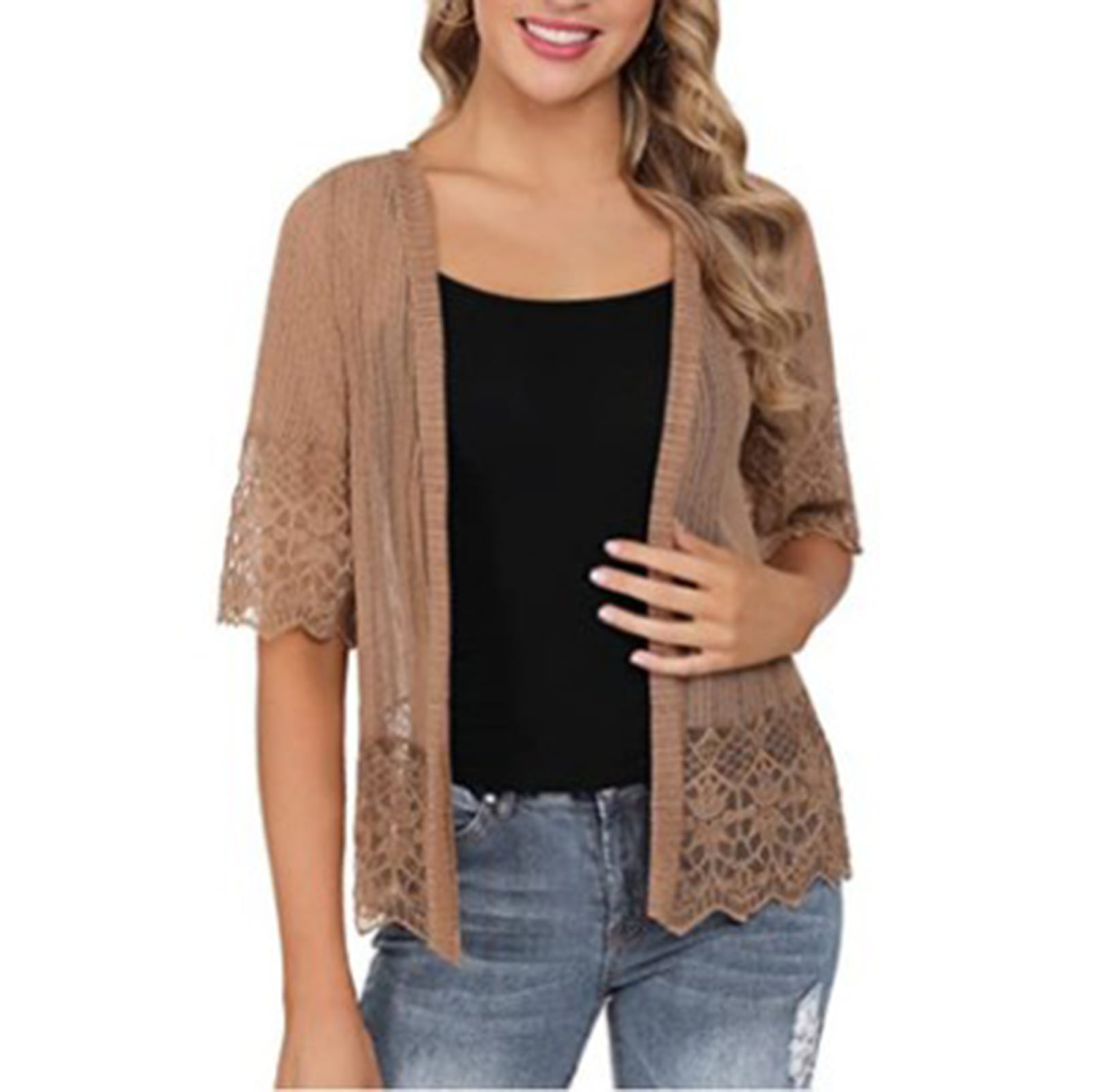 New Ladies Plus Size Floral Lace Open Cardigan Short Sleeve Womens Waterfall Top 
