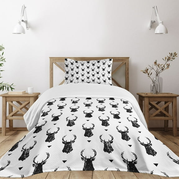 Ambesonne Deer Quilted Bedspread Set 2 Pcs, Monochrome Animal Head, Twin Size, Black White