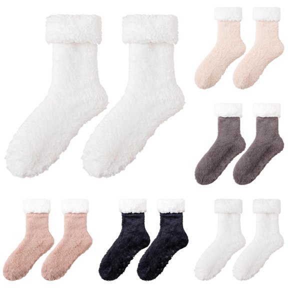 Daznico Women Mid Crew Fuzzy Plush Socks Rolled Sherpa Non Silicone Dot Sole Thermal Soft Stretch Cozy Stockings for Winter Indoor Sleeping Floor Loungewear