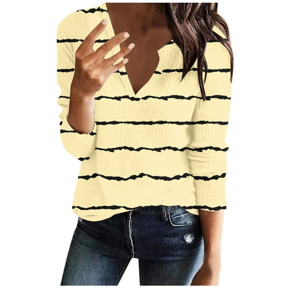 JYnXIANTI Womens Long Sleeve Tops Lightweight V Neck Striped Casual T Shirts Knit Loose Tee Fall Fashion Clothes Outfits