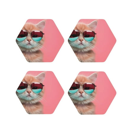 

Tebeau Cool Cat Pink Sunglasses Print Set of 4 Leather Drink Coasters Round Cup Mat Pad for Home and Kitchen Use 4 -Hexagon