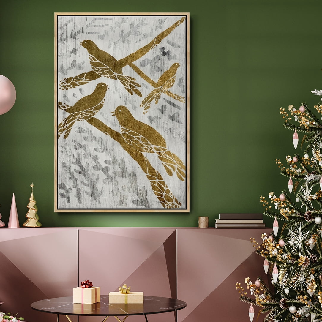Four Calling Birds - Gold Leaf Holiday - Framed Gallery Wrapped Holiday Canvas - 27 x 41 - Natural Wood Frame