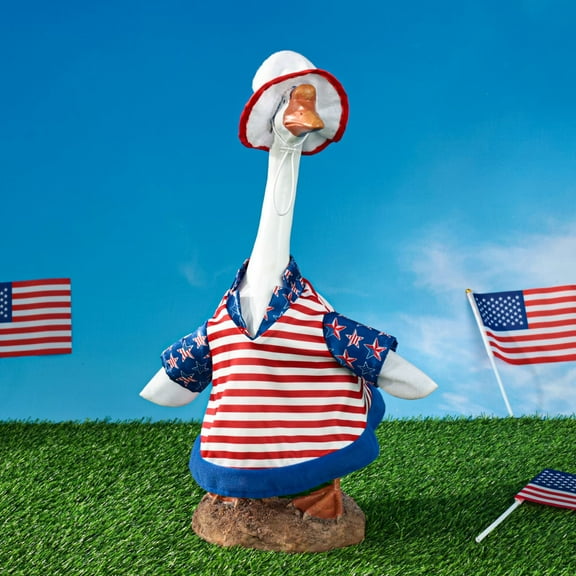 2 Pcs/Set 4th of July Porch Goose Outfit, 23" High Lawn Goose Statue Patriotic Costume Clothing, Independence Day Porch Garden Goose Clothes with Hat Tie for Outdoor Patio Yard Decoration