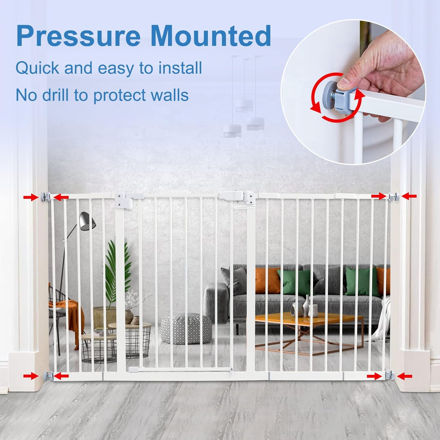 Kinfant Extra Wide Baby Gate - 58-Inch White Doorway & Stair Gate, Tall & Adjustable Extension Pressure Pet Gate, with Extension Kit, Pressure Mount Kit, Wall Cups