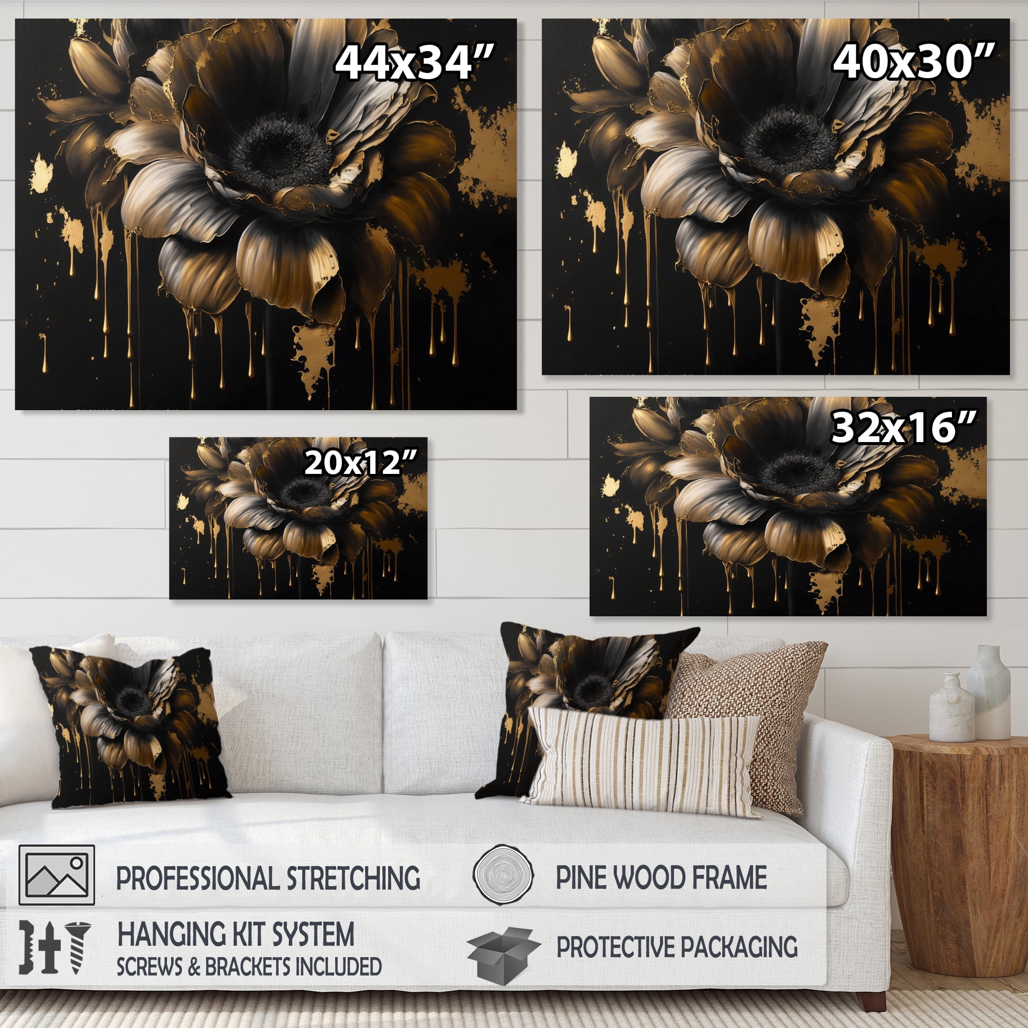 Designart Black And Gold Daisy I Canvas Wall Art