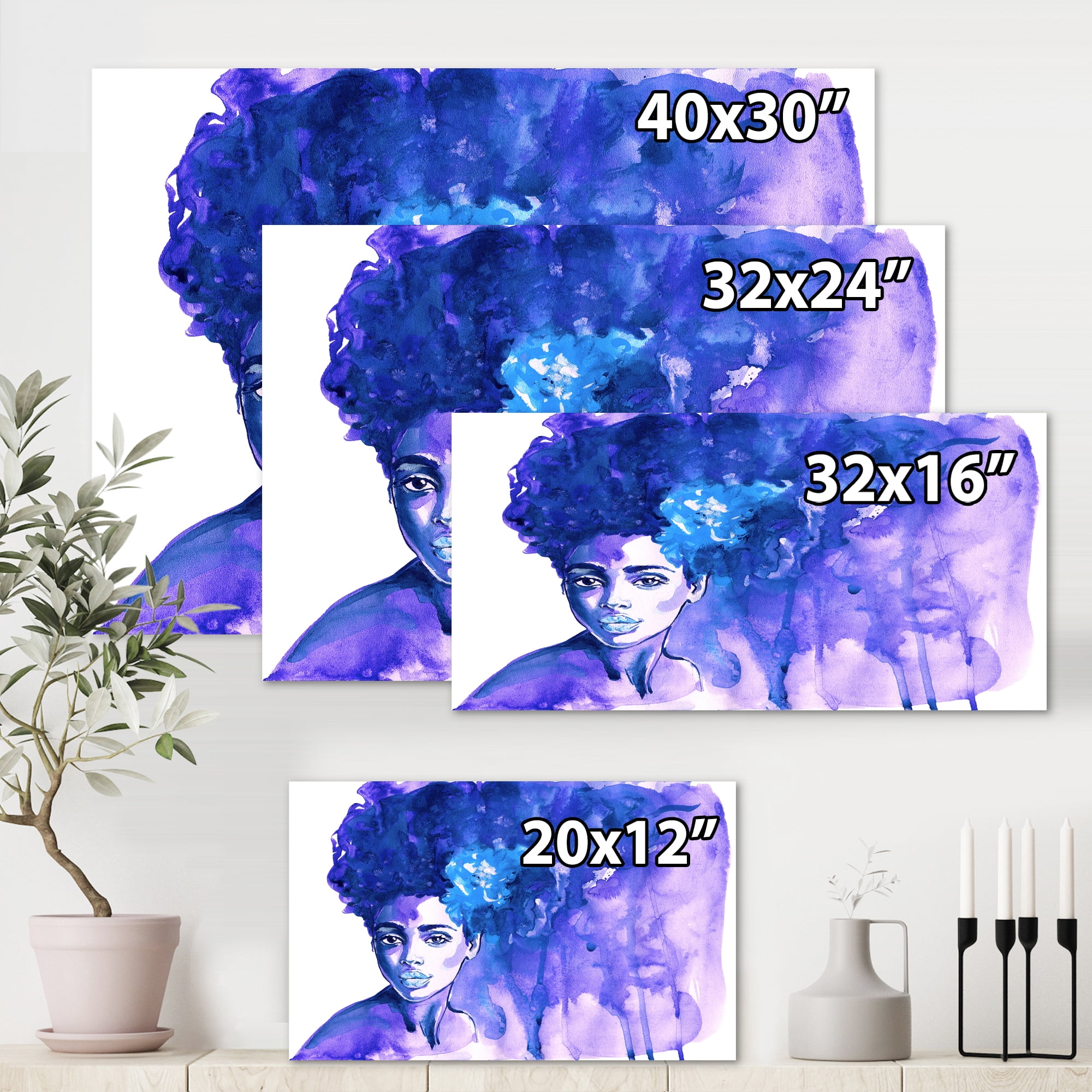 Designart ' Glorious Blue Portrait of Afro American Woman ' Modern Canvas Wall Art Print