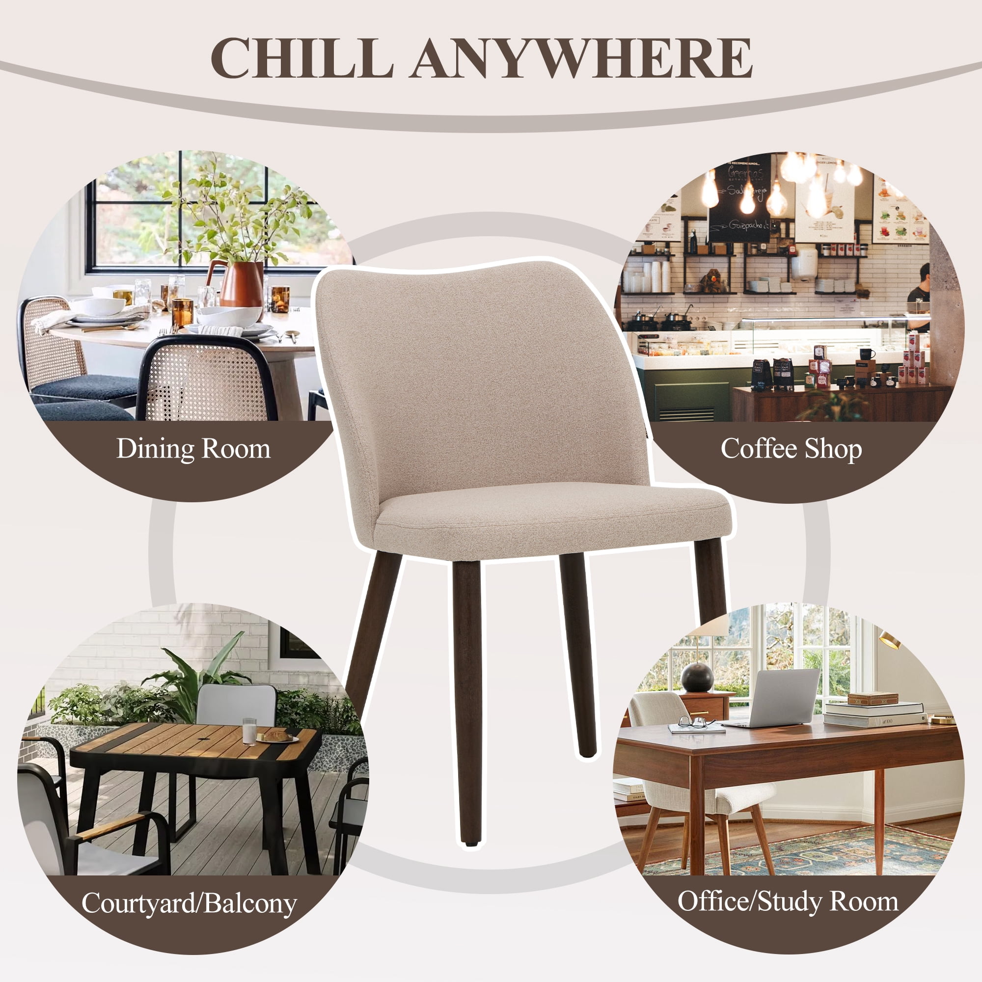 AFO Upholstered Modern Dining Chairs with Wooden Legs, Kitchen Side Chairs for Dining Room, Restaurant and Café, Set of 6, Camel