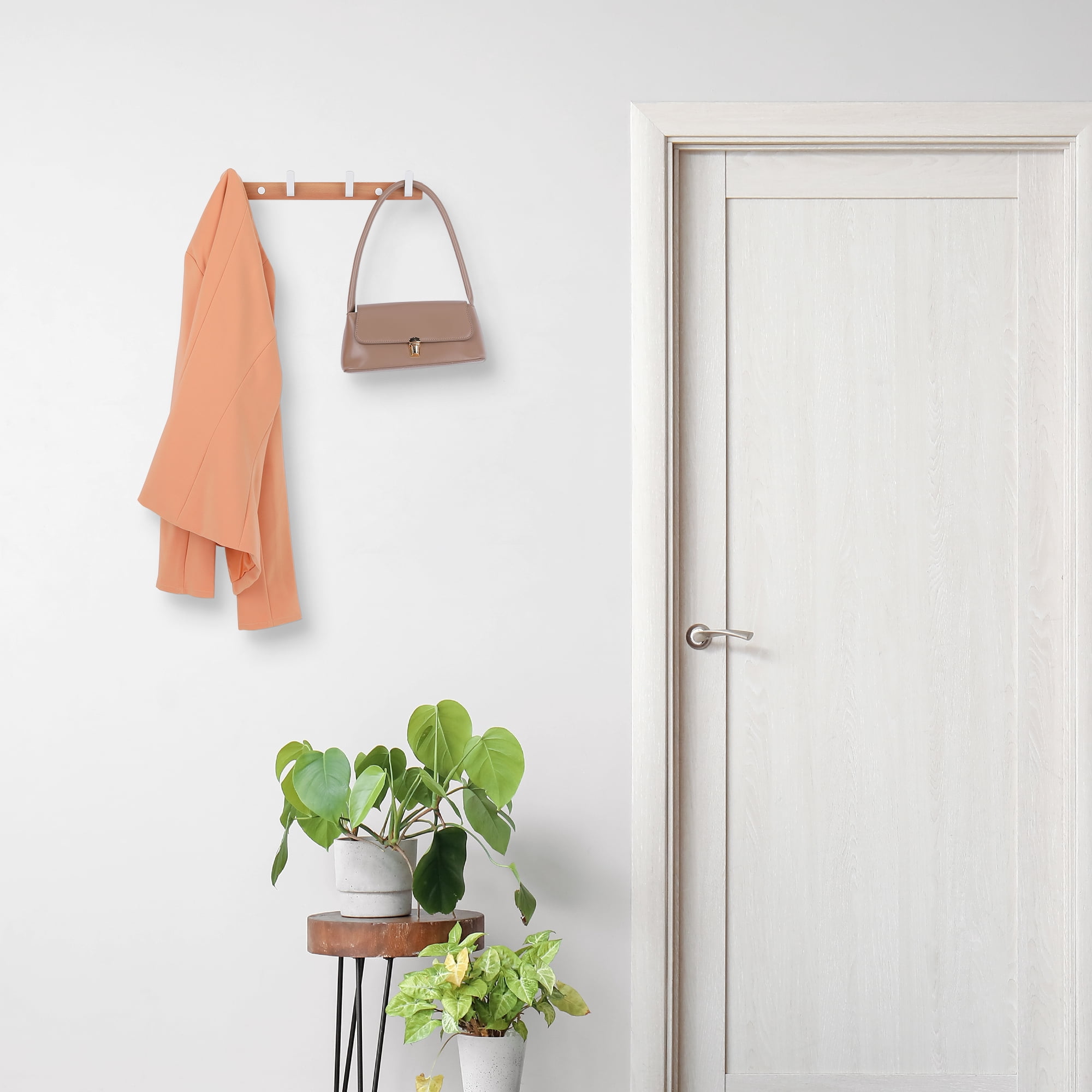 Unique Bargains Coat Rack Wall Mount Metal Wood Coat Hook for Hanging with 4 Hooks White