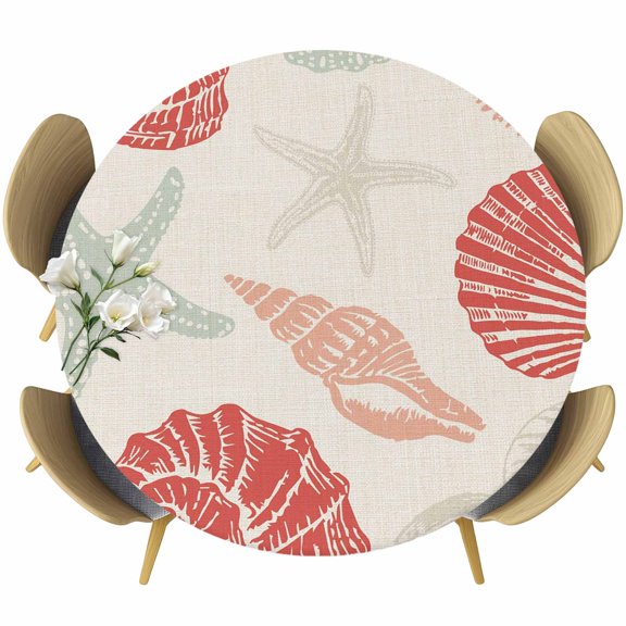 Red Orange Coastal Round Tablecloth 45-54 Inch Round Fitted Table Cloth with Elastic Edge, Starfish Shell Coral Summer Beach Rustic Waterproof Table Cover Protector for Outdoor Picnic Party Dining