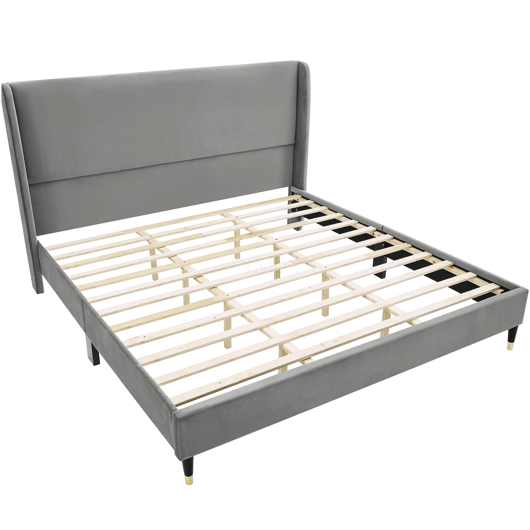 King Size Velvet Upholstered Platform Bed Frame with Wingback Headboard, Modern Gray Fabric Bed, No Box Spring Needed