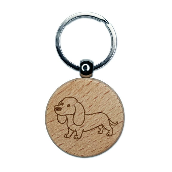 Dachshund Standing Wiener Dog Round Keychain Charm Tag - Engraved Wood