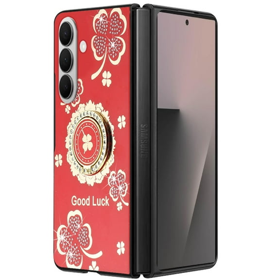 XPM for Samsung Galaxy Z Fold 7 Phone Case, Diamonds 3D Fashion Floral Bling Sparkly Glitter Ornaments Engraving Hybrid with Ring Stand Cover for Galaxy Z Fold 7 (Red Good Luck Floral)