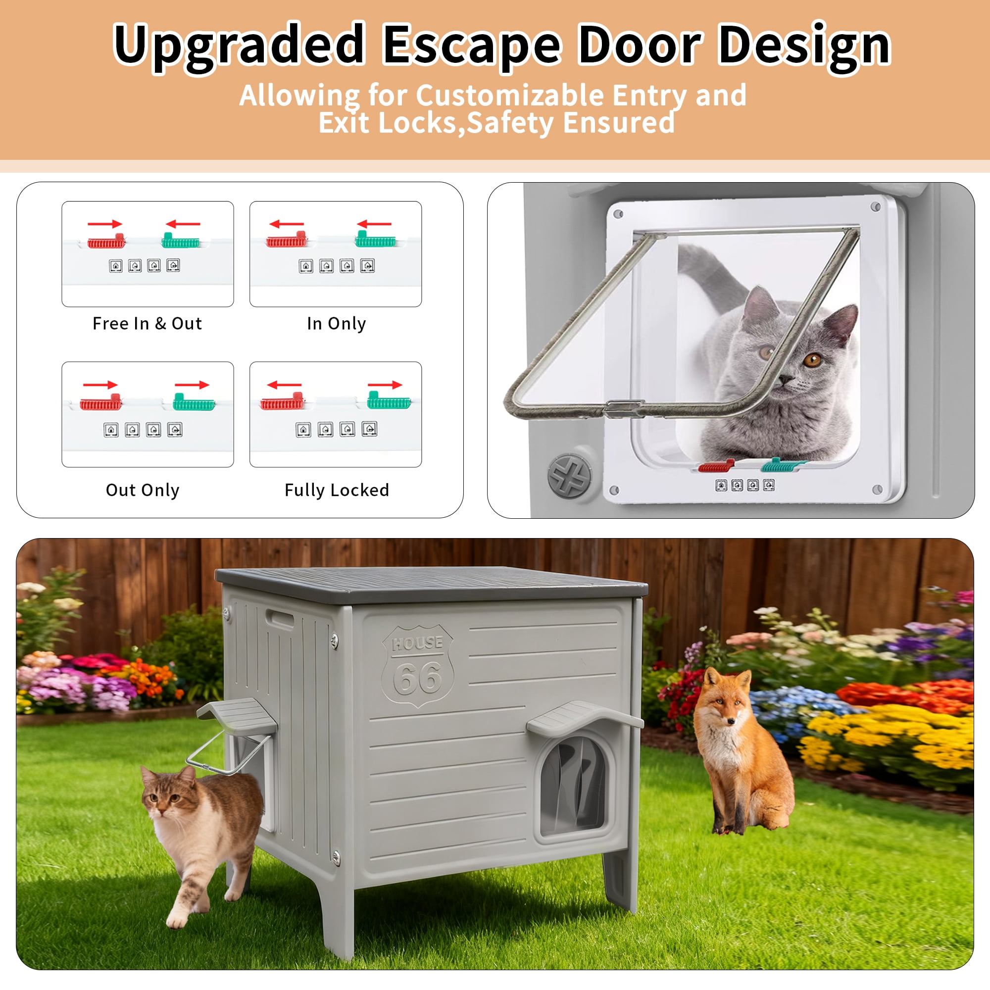Waterproof Cat House for Outdoor Cats, Insulated Outdoor Cat House with Soft Mat, Elevated Feral Cat House Outdoor Indoor, Safe Escape Door, Spacious and Clean Easily