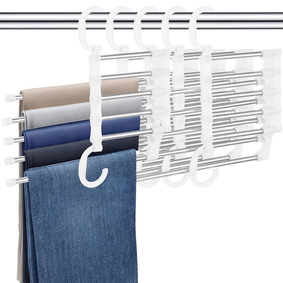 5 Pcs Pants Hangers, 5-tier Stainless Steel Closet Organizers with Sliding Bars & Rotating Hooks, Space-saving Metal Clothes Hangers for Jeans, Towels, Scarves