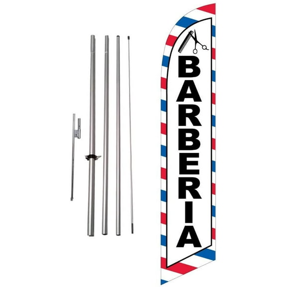 Barberia Barber Hair Cuts 15 foot Feather Banner Flag Sign with Pole Kit and Ground Spike
