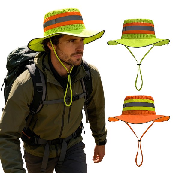 IAJFHAFS High Visibility Reflective Safety Sun Hat, Breathable Neon Mesh Bucket Boonie Hat Wide Brim Outdoor Fishing Cap for Men Women