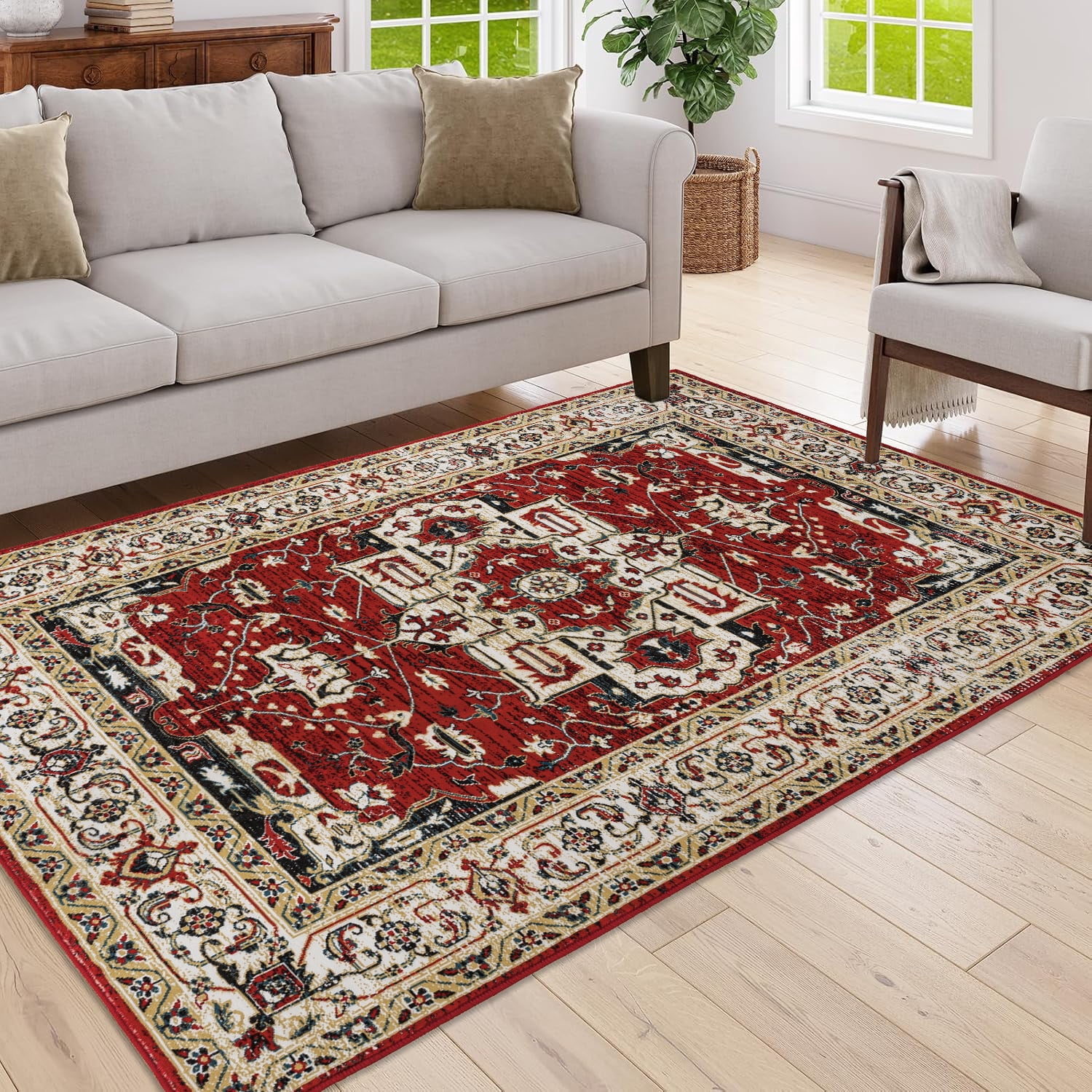 Yoneston 6' x 9' Vintage Bohemia Area Rug Machine Washable Bedroom Rug Soft Non-Slip with Printed Kitchen Mat for Living Room Playroom Dining Room Decoration, Red