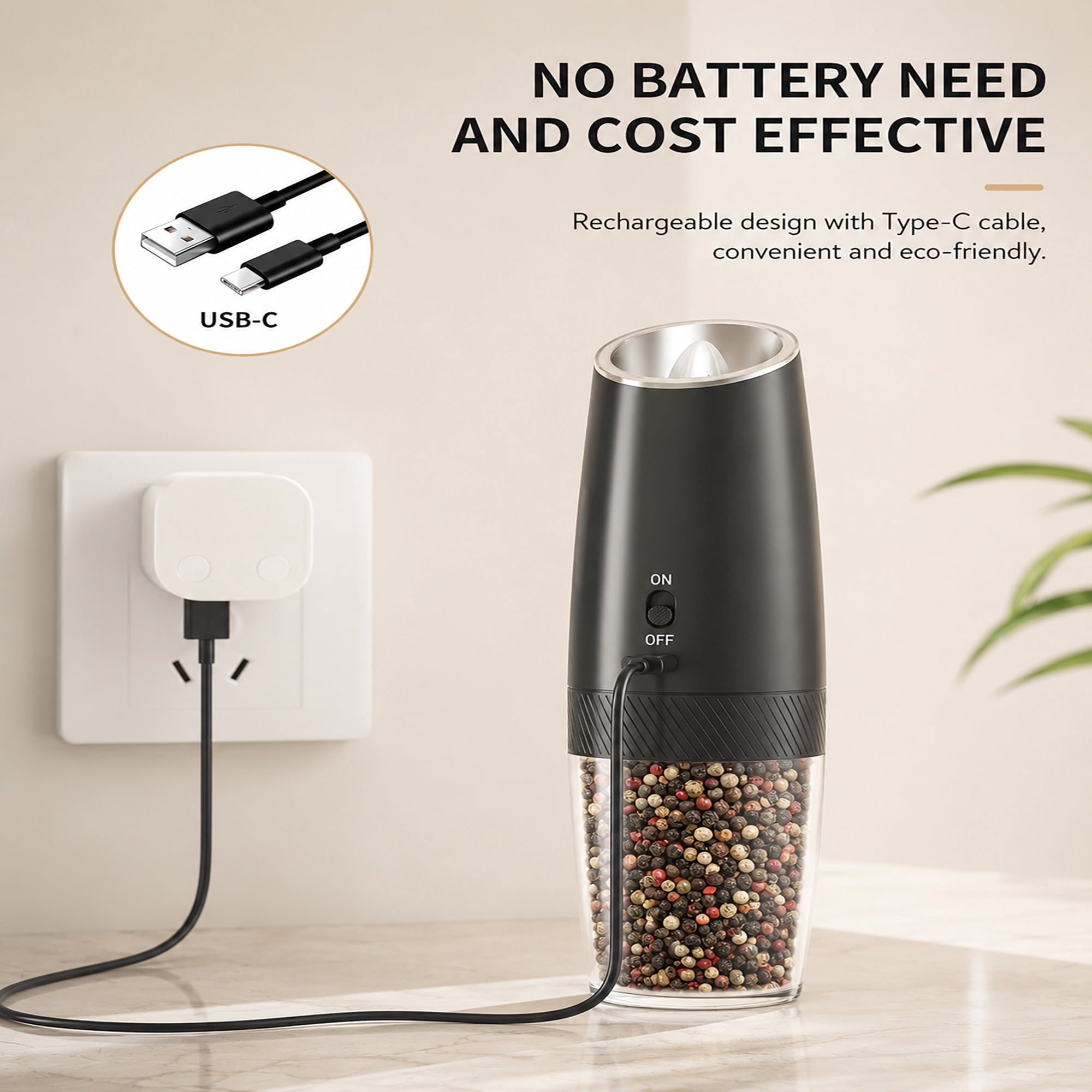 AsFrost Rechargeable Electric Salt and Pepper Grinder Set Gravity Salt and Pepper Mills Set with LED Light, No Battery Needed, Adjustable Coarseness, Washable 135ml Container