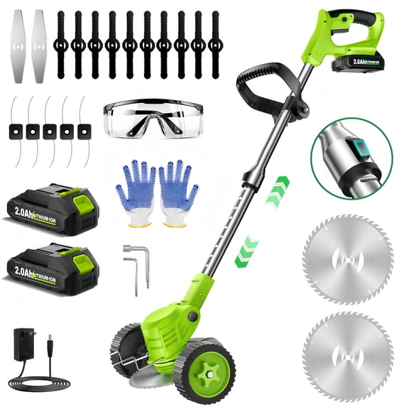 Teblint 800W Electric Weed Wacker, Cordless String Trimmer, Weed Eater Grass Trimmer/Edger/Cutter with Wheels, 2Pcs 21V Batteries, 4 Types of Blades, Adjustable Length for Lawn Yard Garden (Green)