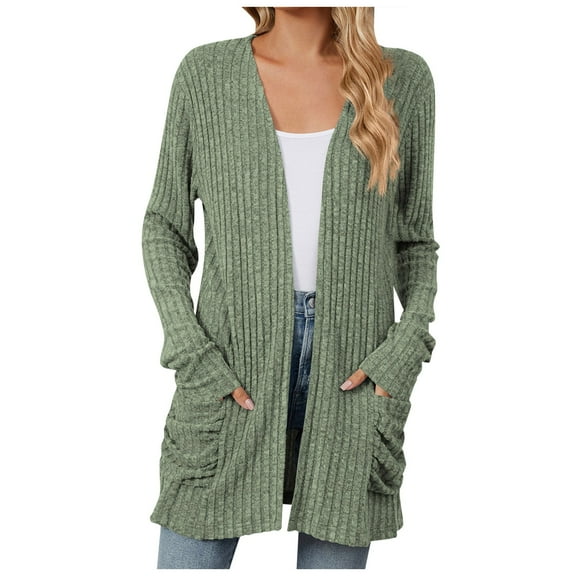 Siilsaa Cardigans for Women Open Front Casual Long Sleeve Knit Classic Sweaters Cardigan with Pockets AG,M