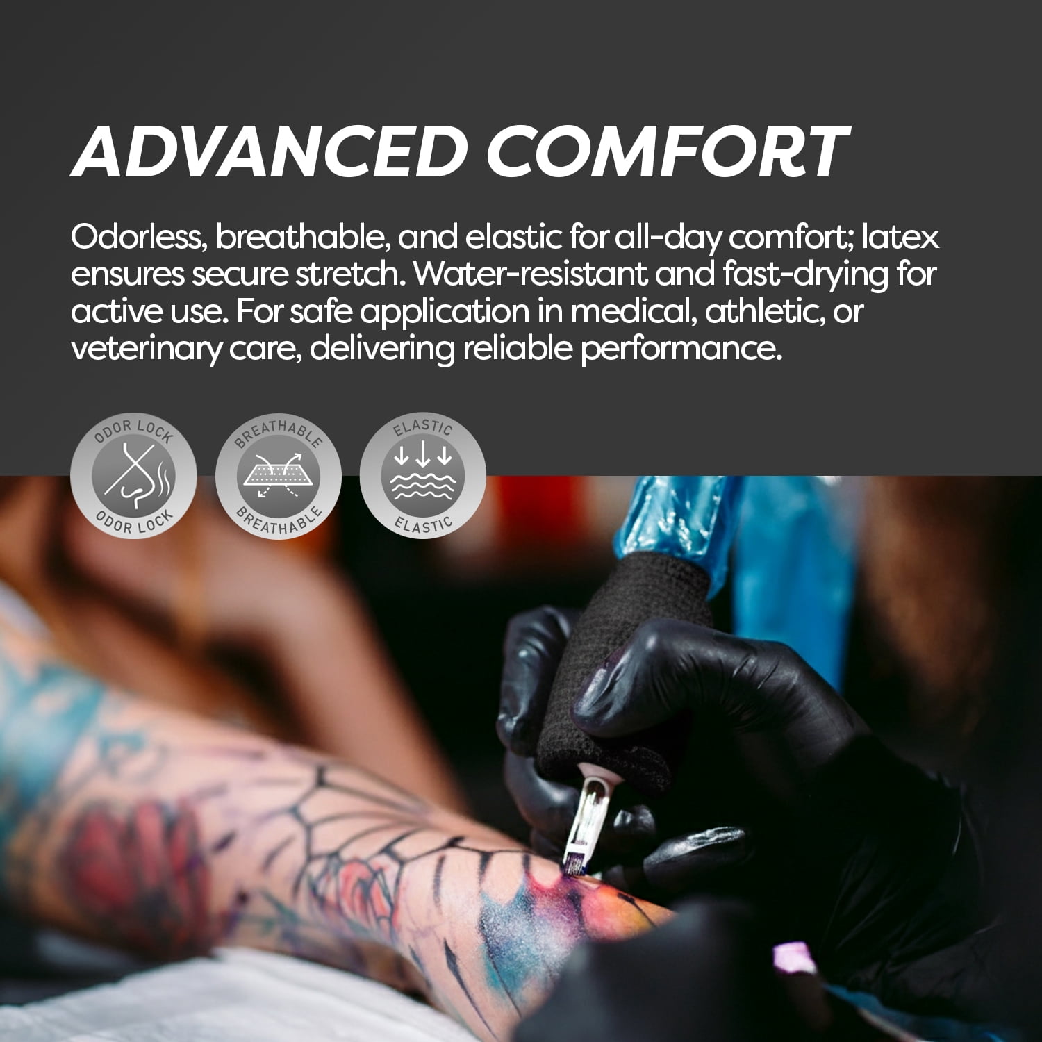 Dynarex Sensi-Wrap Self-Adhesive Bandages, 30-Pack, 1" x 5 yards, Black, Latex, Colored Elastic Cohesive Athletic Tape, Tattoo Grip & Vet Wrap