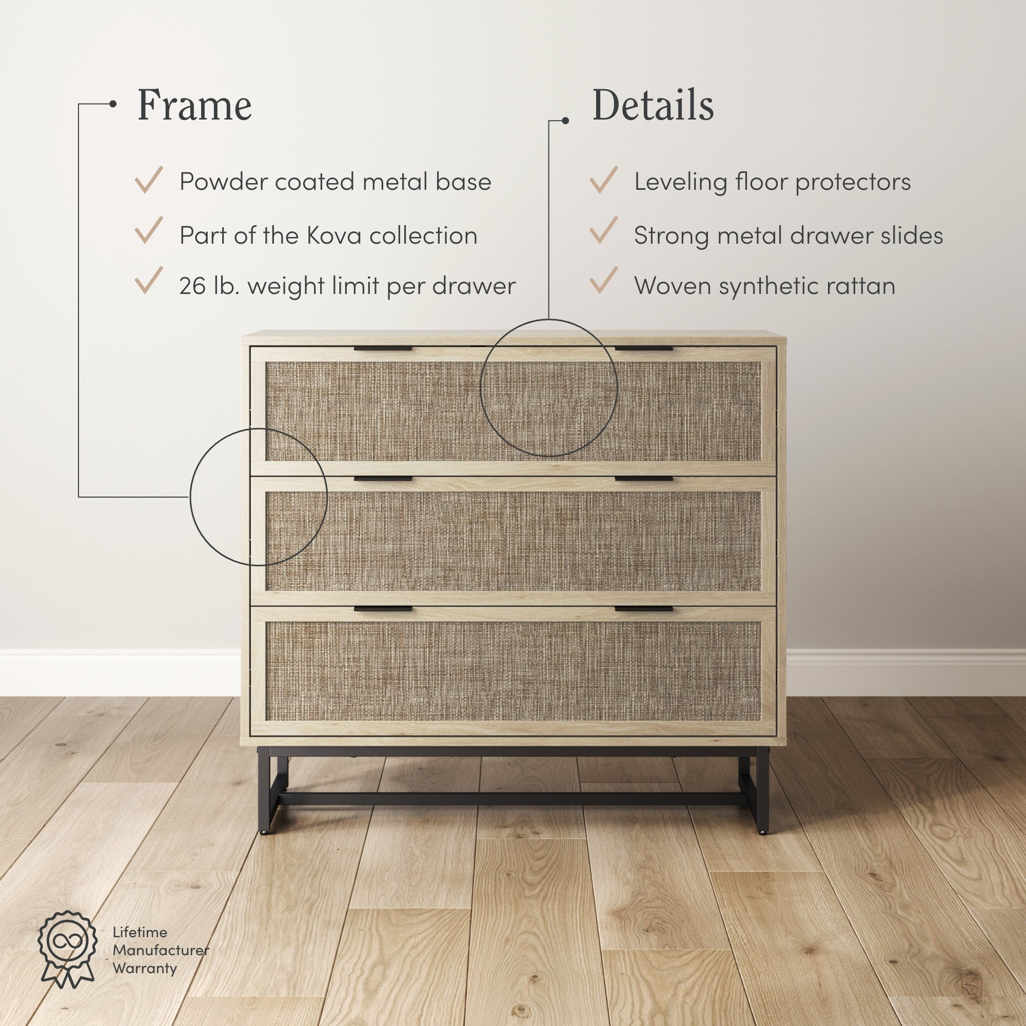 Nathan James Kova 3-Drawer Rattan Dresser or Boheminan Living Room Storage Cabinet with Textiline Rattan Accent and Metal Legs, Light Oak/Black