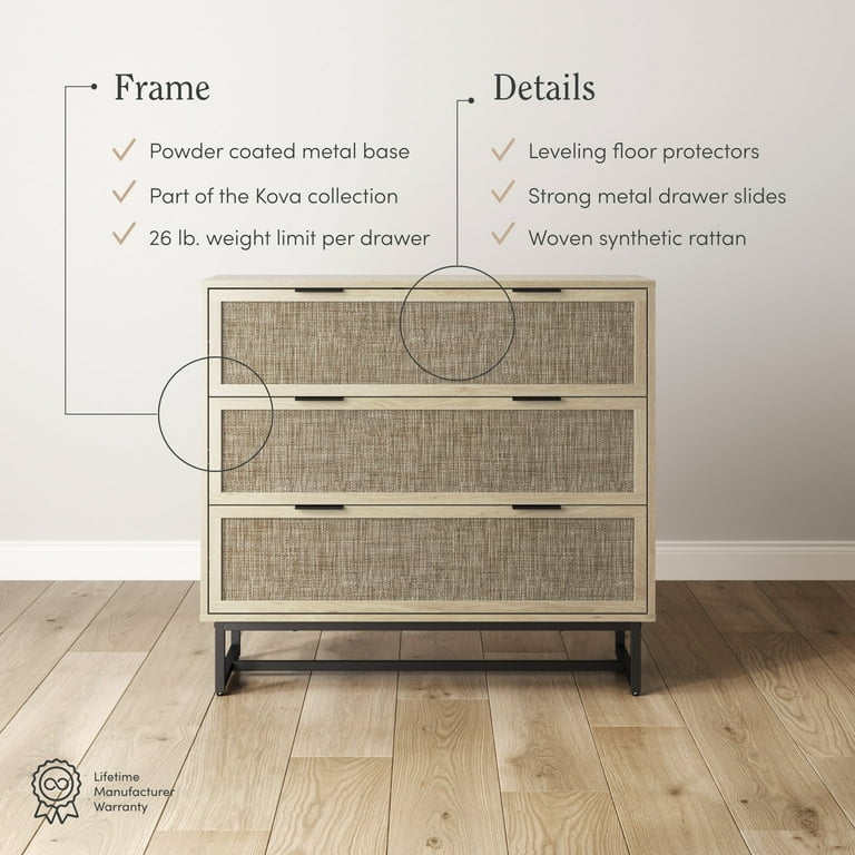 Credenza a 3 ante in rattan con ripiani regolabili - in MDF - Bianco