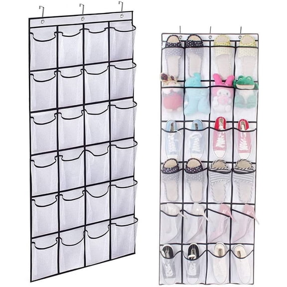 Over The Door Shoe Hanging Organizer with 3 Hooks,24 Clear Plastic Pockets for Bathroom Pantry Kitchen Bedroom ,Storage Rack,White