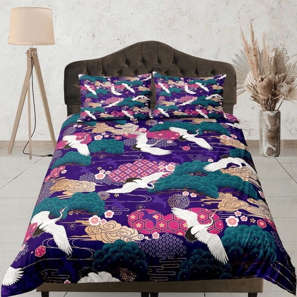 Púrpura Juego de Funda Nórdica Colcha Japonesa, Dormitorio Ropa de Almohada, Floral Rey
