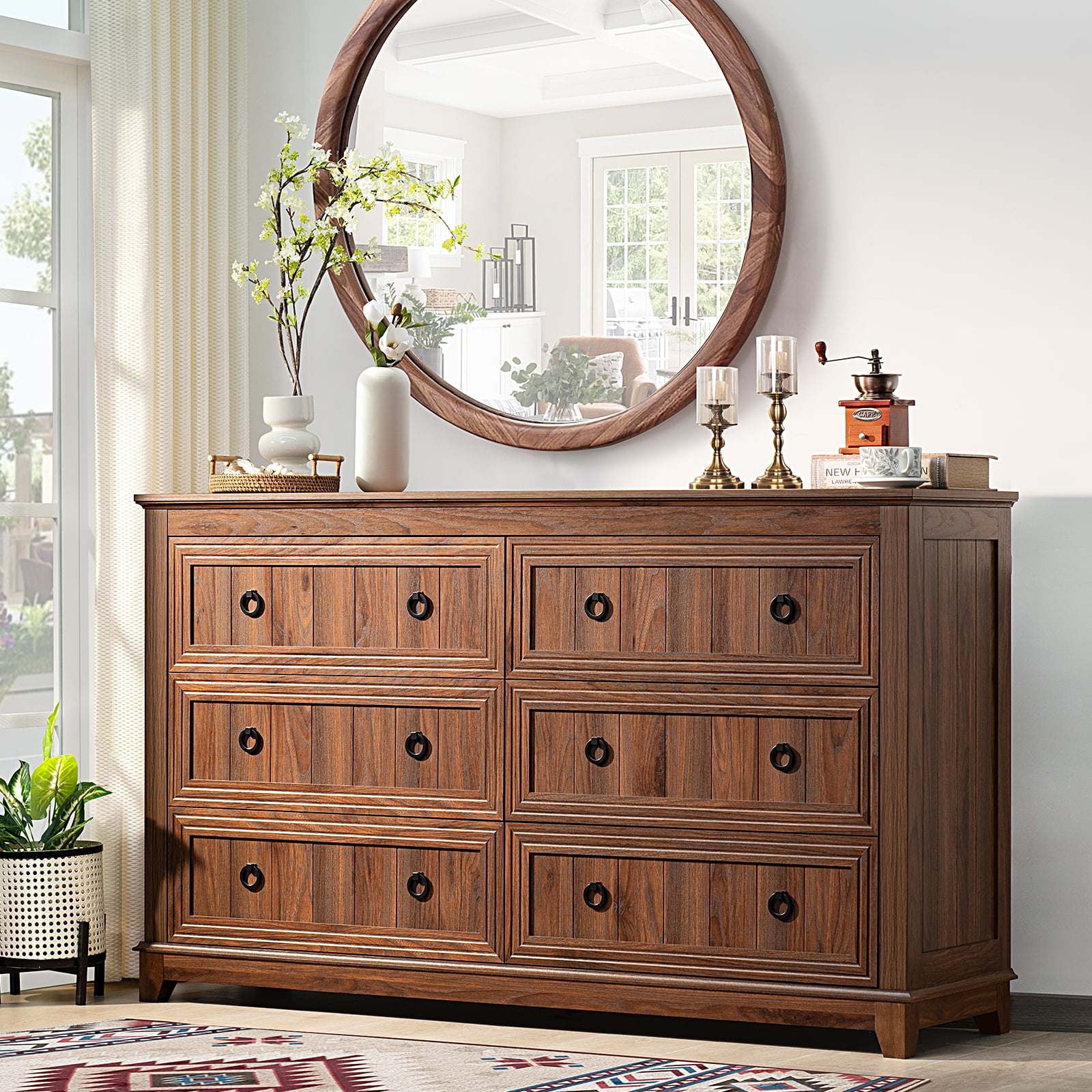 Joaxswe 6 Drawers Dresser for Bedroom, 54'' Dresser Chest of Drawers, Vintage Storage Dressers Organizer for Bedroom, Living Room, Hallway-Brown