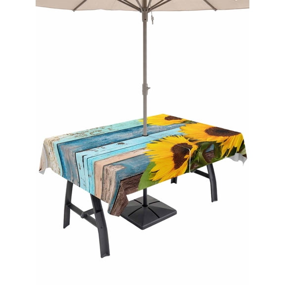 Outdoor Tablecloth with Umbrella Hole for Patio/Picnic/Party/Camping, Spring Sunflowers Waterproof Table Cloth Rectangle Table Cover Washable, Yellow Floral Turquoise Farmhouse Wood Grain (60"x 84")