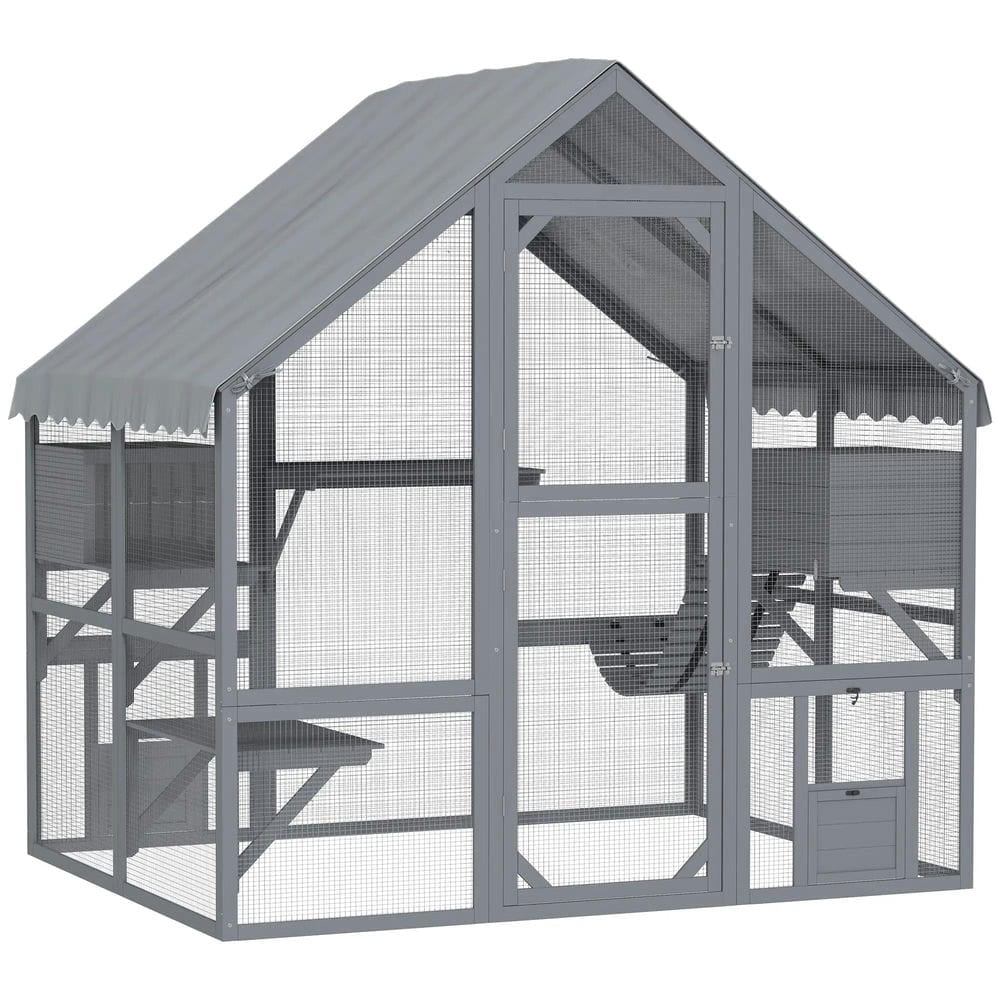 Topcobe Wooden Catio Outdoor Cat Enclosure with Waterproof Cover, 2 Condos, 4 Platforms, Bridge, Doors, Outdoor Wooden Feral Cat Shelter, Gray