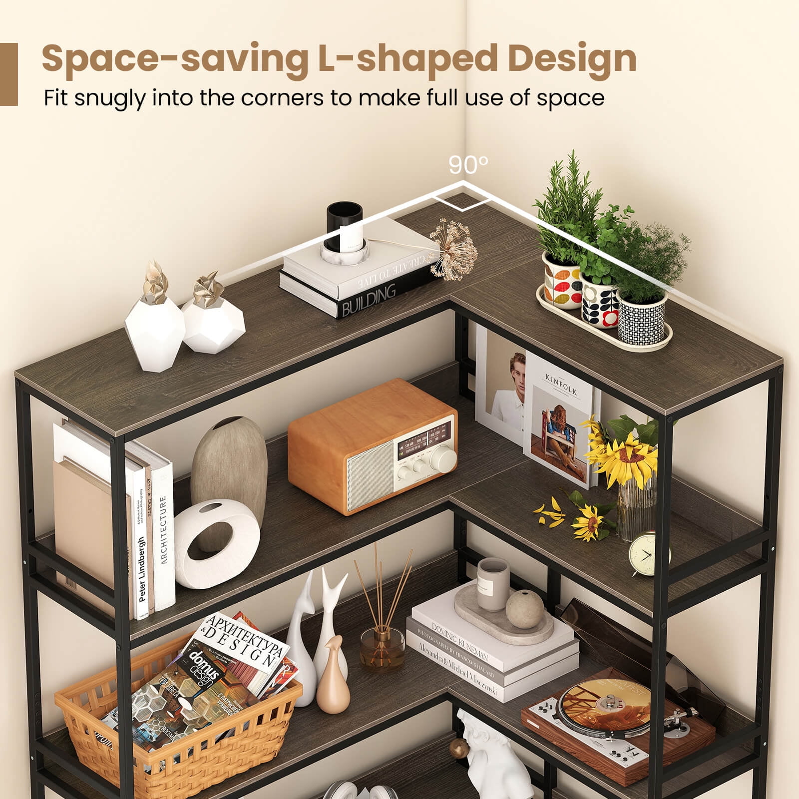 Costway 5-Tier L-Shaped Bookcase Corner Bookshelf with Metal Frame Open Display Shelf Gray