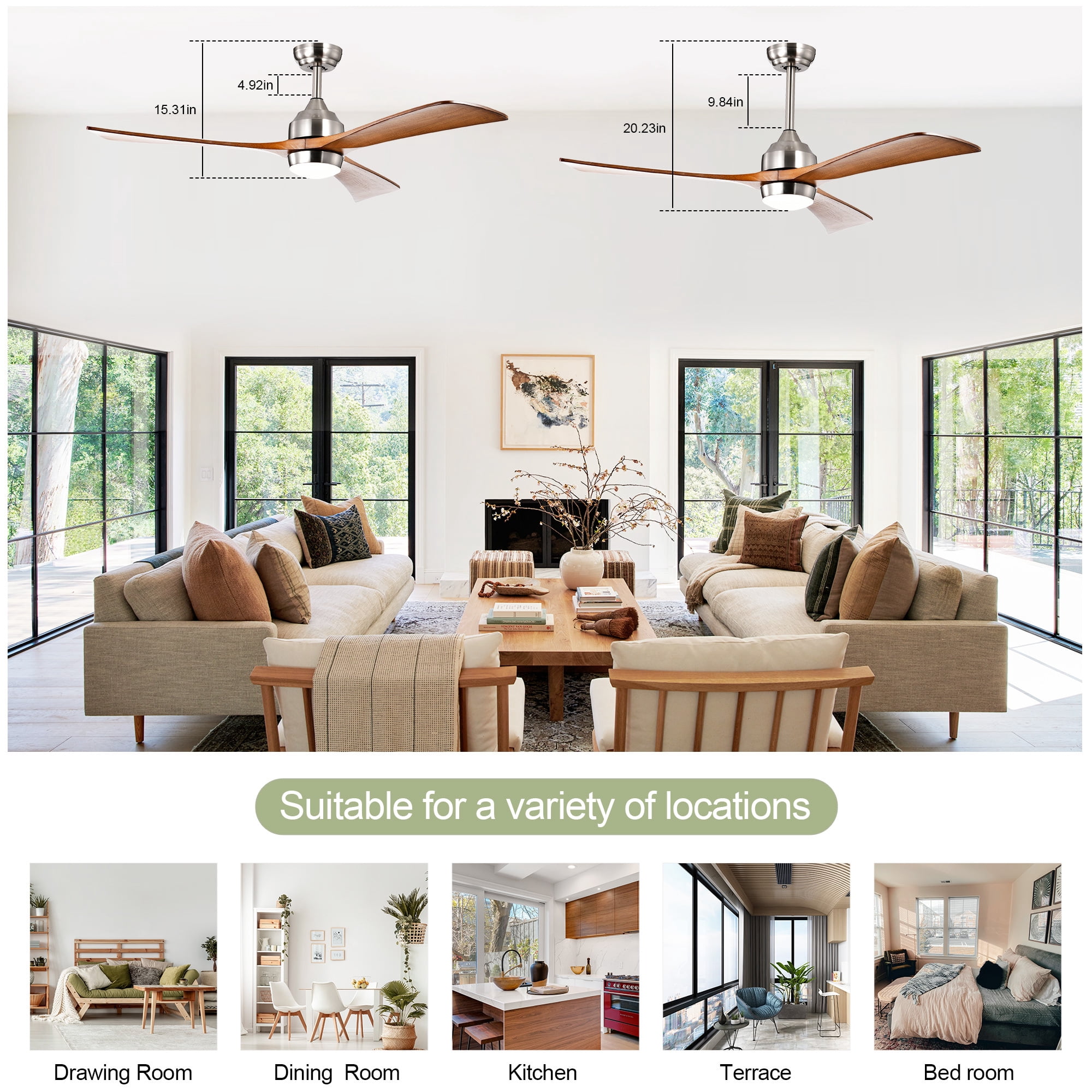 Leumius 52" Solid Wood Blades Ceiling Fan with Light and Remote Control,Quiet DC Motor 3 Blade Ceiling Fans 6 Speed Levels,Reversible for Patio Living Room Bedroom Office Nickel