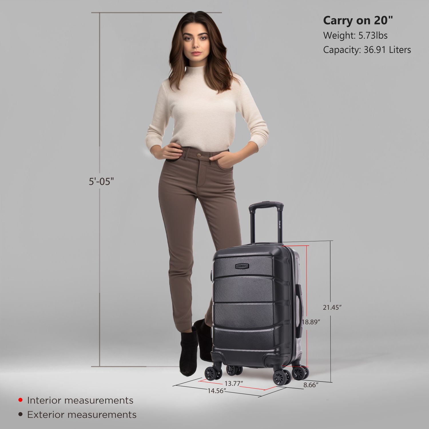 DUKAP SENSE 20" Hardside Lightweight Carry On Luggage with Spinner Wheels, Handle and Trolley, Black