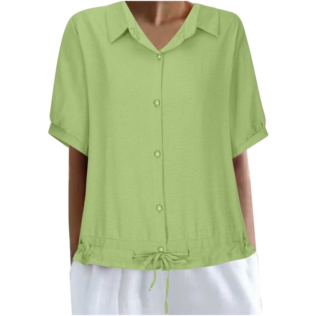 GigrtiJin Womens Button down Lapel Shirt Summer Short Sleeve Loose Casual Work Blouse Lightweight Drawstring Hem Tops