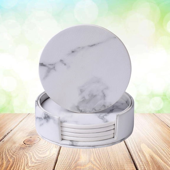 COSMOBETTY Round Coasters 7Pcs Elegant Pu Leather With Marble Effect For Home And Kitchen Decor