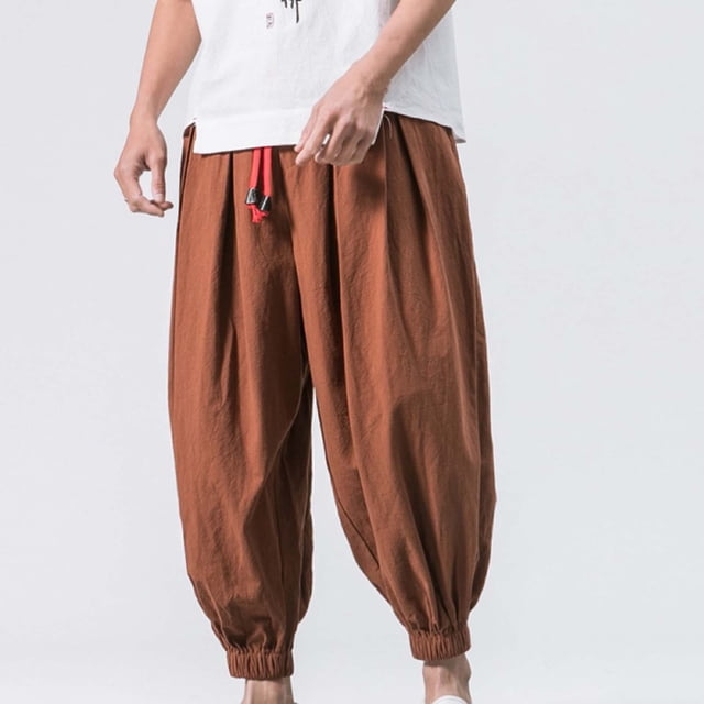 Pantalones largos de lino para hombre, estilo informal, con pierna ancha, estilo rábano, con pies atados, noveno pantalón, largos, de licra