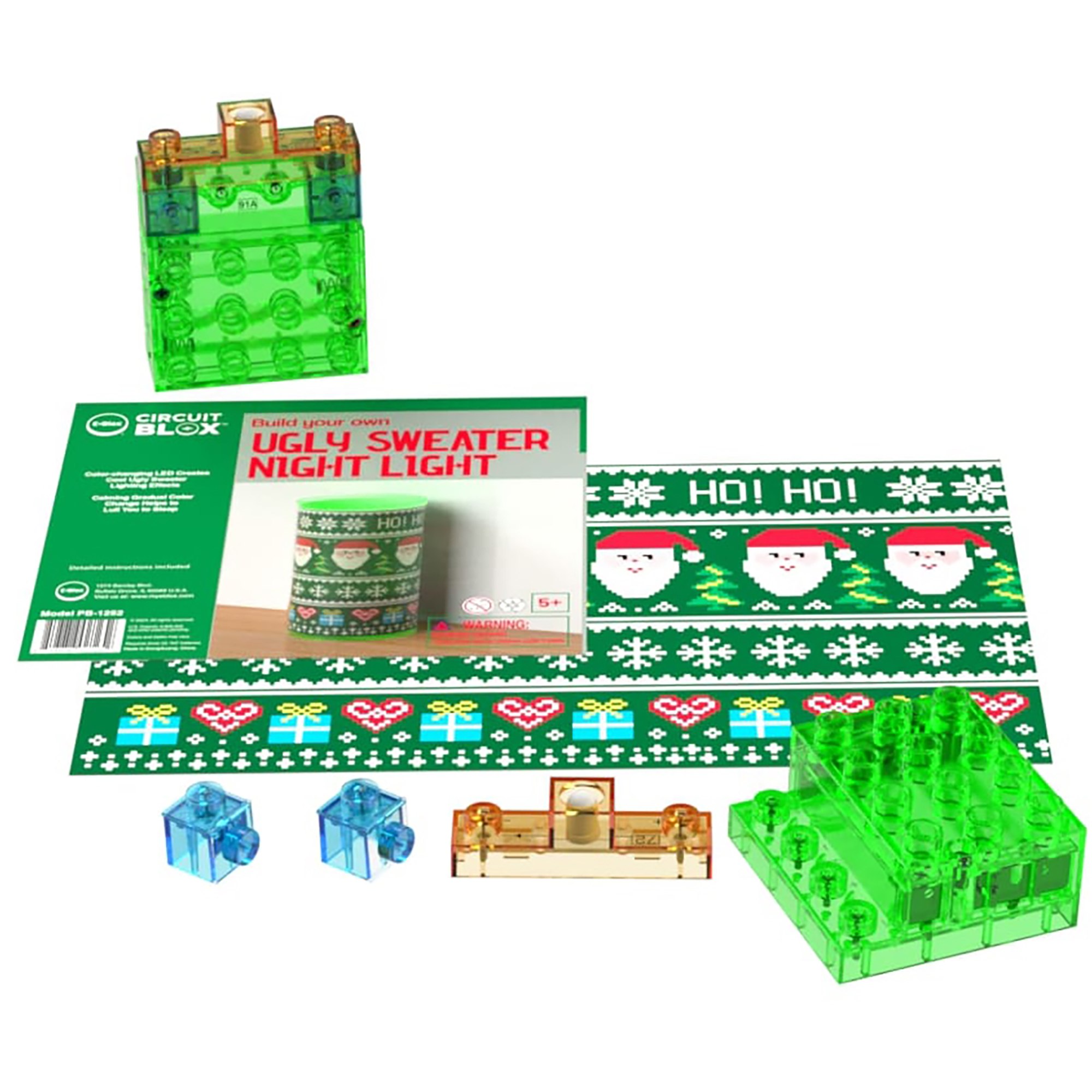 E-Blox: Power Blox BYO: Holiday Night Light - Ugly Sweater 1 - Glowing Color Changing LED Block, Image Projection Slip, DIY Craft Kit, Kids Ages 5+