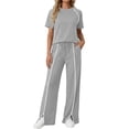 thumbnail image 2 of Gamivast Women 2 Piece Outfits Short Sleeve Top and Wide Leg Pants Athletic Glof High Waisted Drawstring Lounge Set Holiday Outdoor Contrast Trim Split Hem Casual Tracksuit, 2 of 7