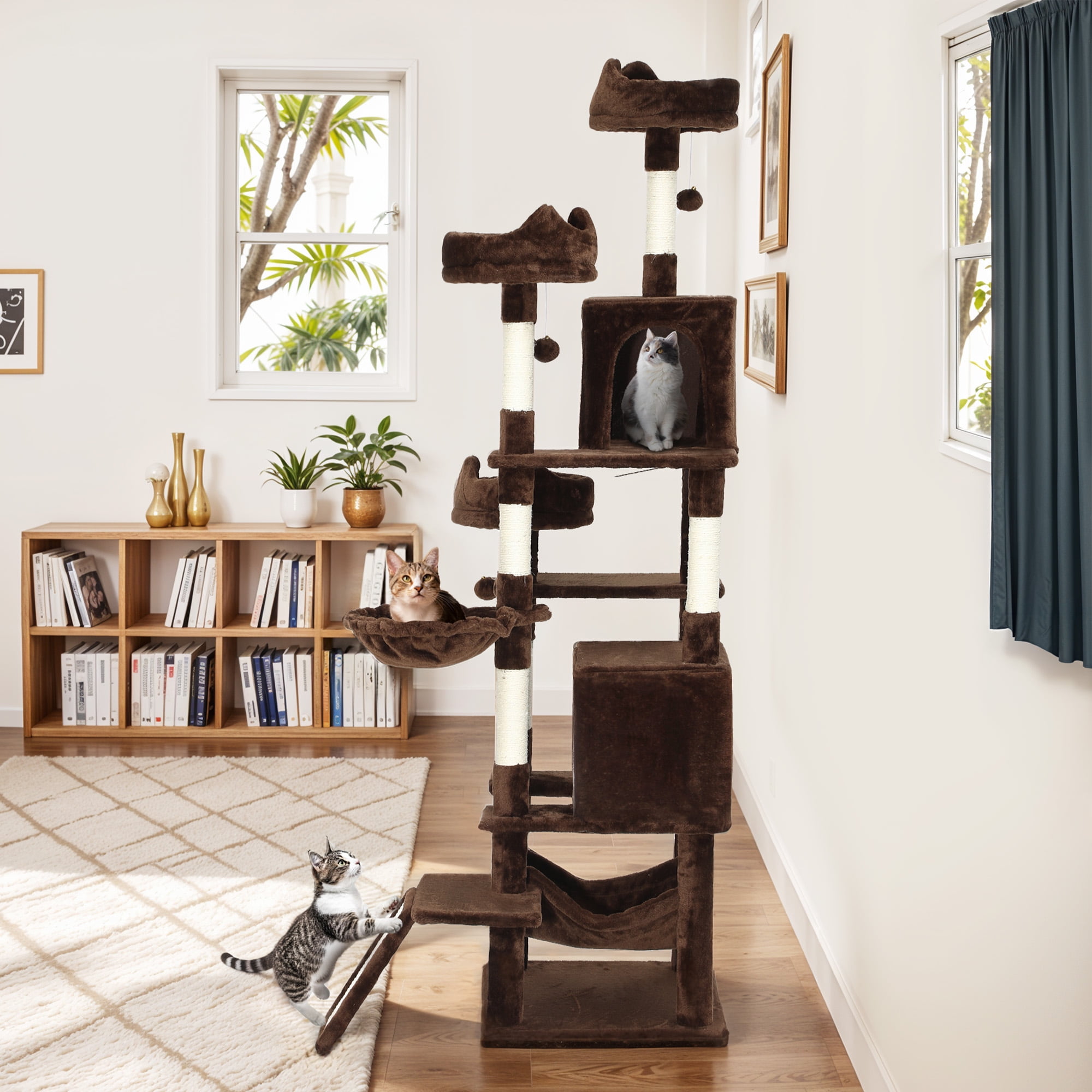 Dextrus 75" Tall Cat Tree for Large Cats, Multi-Level Play Tower Condo with Sisal Ramp Scratching Post & Hammocks, Brown