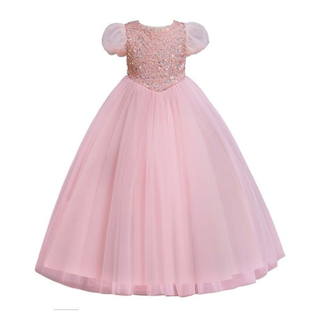 

LWZWM First Communion Dress for Girls Ethnic Dress Sleeveless Crewneck Puff Sleeve Princess Long Sequin Pink 9-10 Years