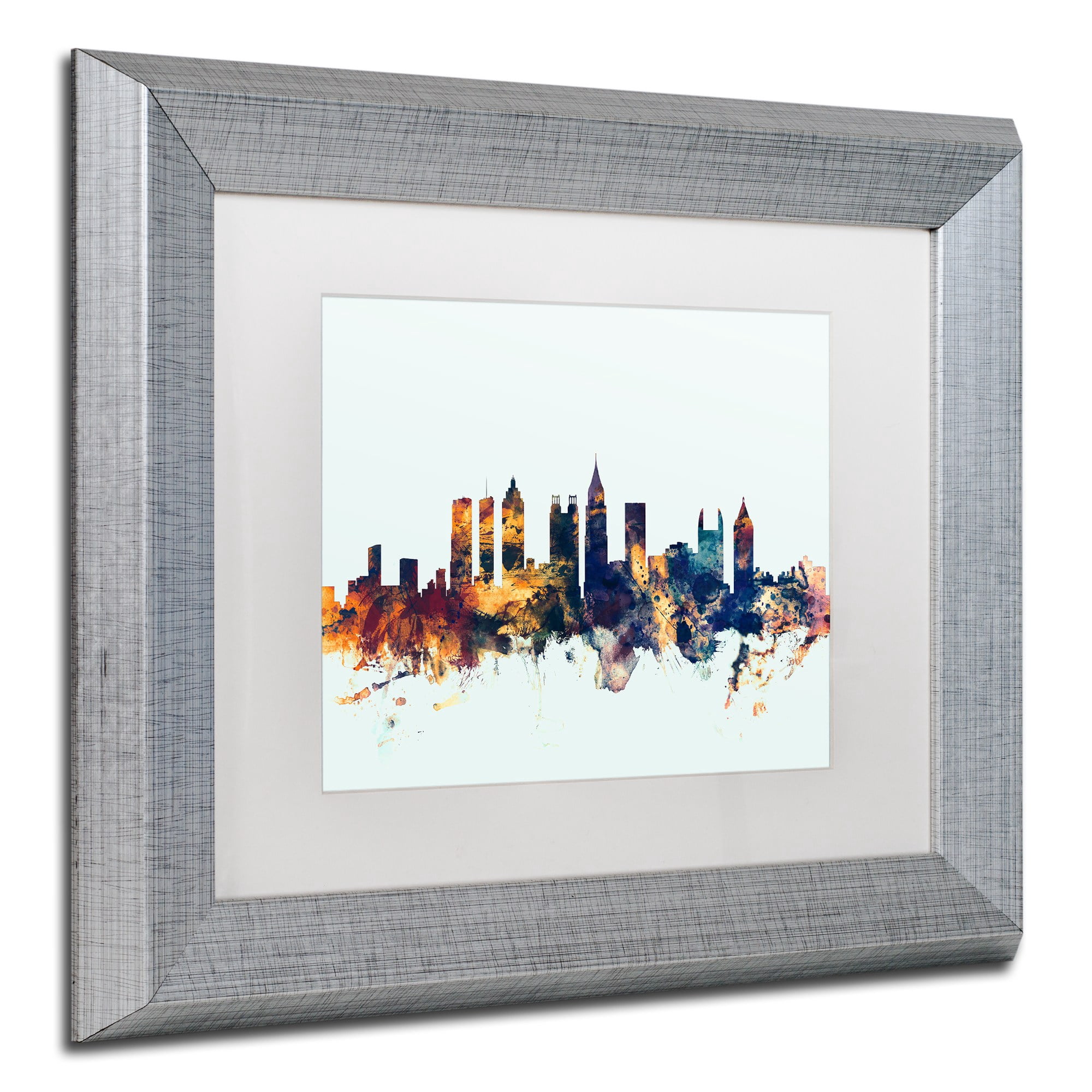 Trademark Fine Art "Atlanta Georgia Skyline Blue" Canvas Art by Michael Tompsett, White Matte, Silver Frame