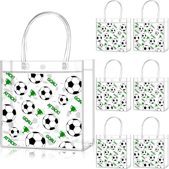 12PCS Soccer Party Favor Bags, Clear PVC Gift Tote Bags with Handles and Snap Closure, 8 x 8 x 3.15 inch, for Team Gifts, Birthdays and Sports Events