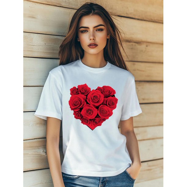 Women's Valentine's Day Rose Love Retro Print T-Shirt Fashion Short Sleeve Round-Neck Slm Fit Tops SCamisetas de verano para mujer, manga corta, cuello redondo, casual, lindo, con gráficos, camisetas
