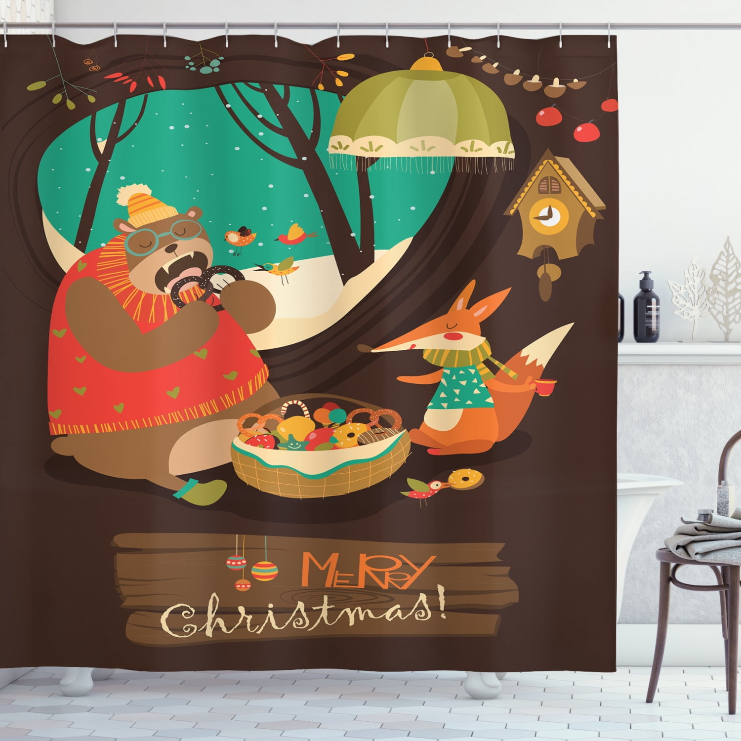 Forest Friends Shower Curtain, Cartoon of Bear and Fox Celebrating